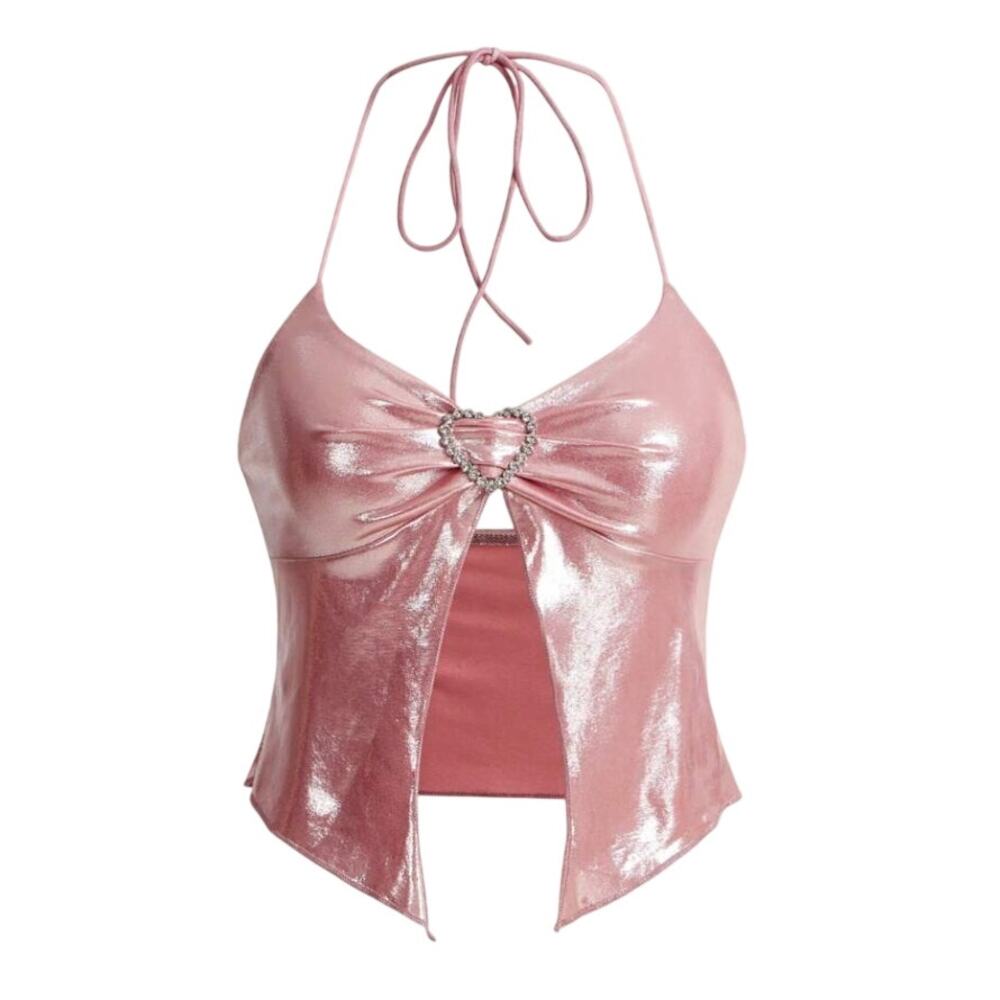 Pink Metallic Rhinestone Crystal Heart Halter Plus Size 1X NEW Fairy Y2K Rave